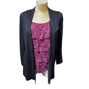 AB Studio Black Open-Front Cardigan with Raspberry Layered Tank